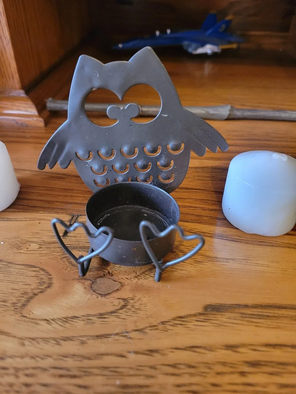 Orange Metal Jack-O'-Lantern Candle Holders with Bronze Owl Tea Light Holders